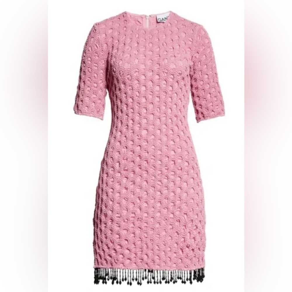 GANNI SMOCKED SATIN BEADED DRESS SZ 34